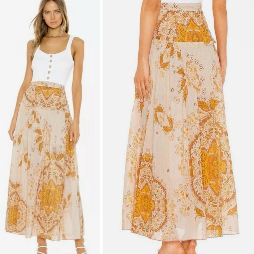 Free People Farrah Drop Waist Maxi Skirt Printed Tiered Ivory Combo Size 6